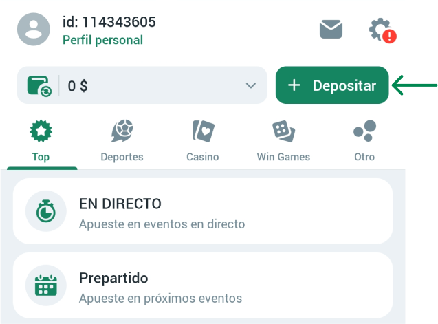 Para depositar dinero Betwinner APP América Latina